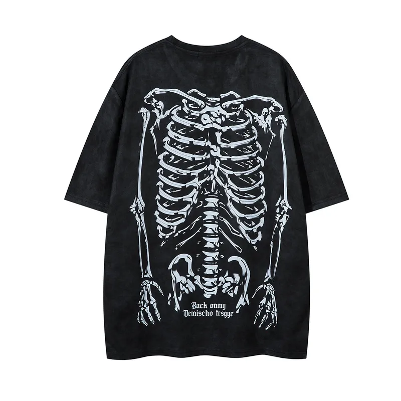 Jiayiku Men's  American Street Dark Tide Brand Tee Skull Skeleton Printed Suede Short-sleeved T-shirt For Men
