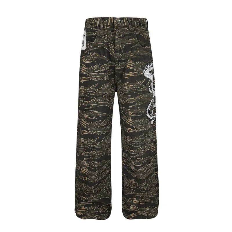 Jiayiku Trendy Brand  Python Embroidered High Street  Vibe Camouflage Casual Pants Men And Women Ins Trendy Straight Pants