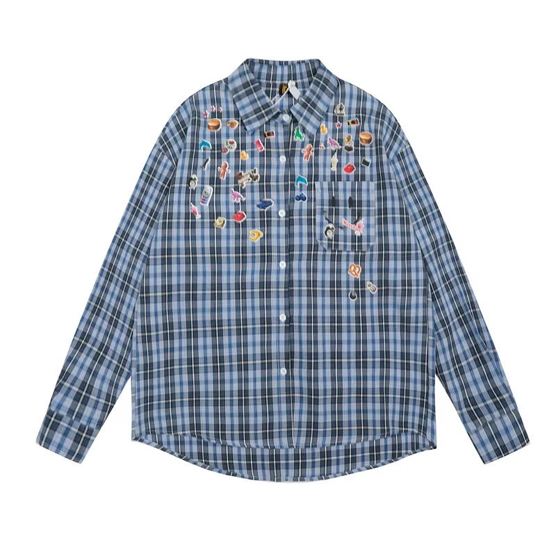 Jiayiku Tide Brand  Spring New American Retro Cleanfit Plaid Shirt Fun Printed Shirt