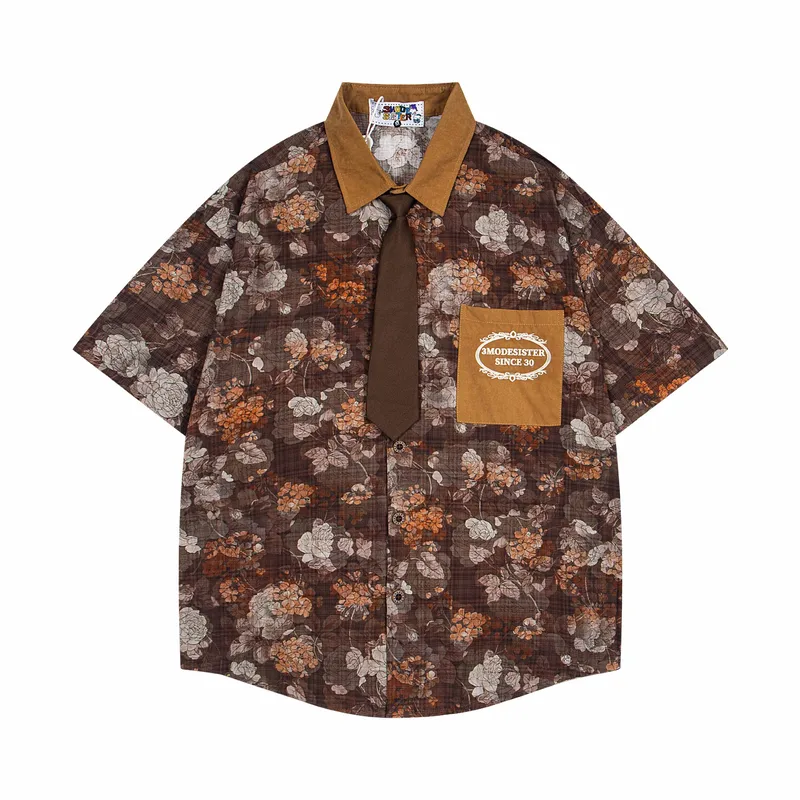 Jiayiku Men's  Summer American Middle Ancient Hong Kong Style Fashion Brand Small Floral Duffian Shirt With Short Sleeve Collar For Men And Women