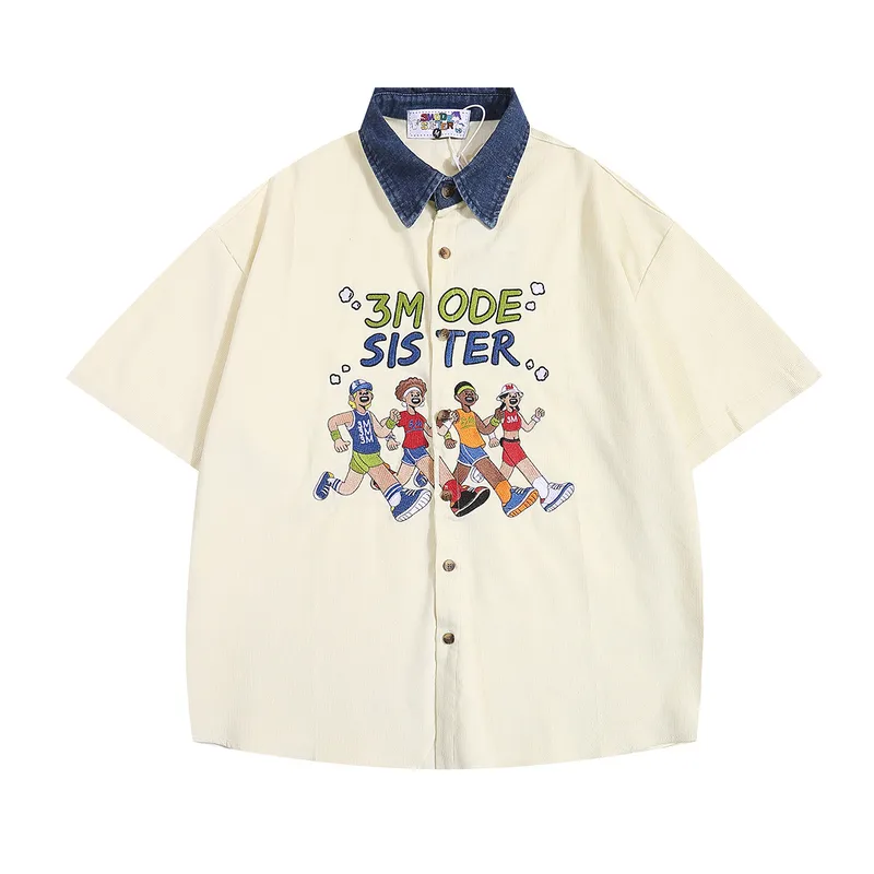 Jiayiku Men's  Summer American Style Antique Ins Trendy Cartoon Character Embroidered Corduroy Shirt Short Sleeve