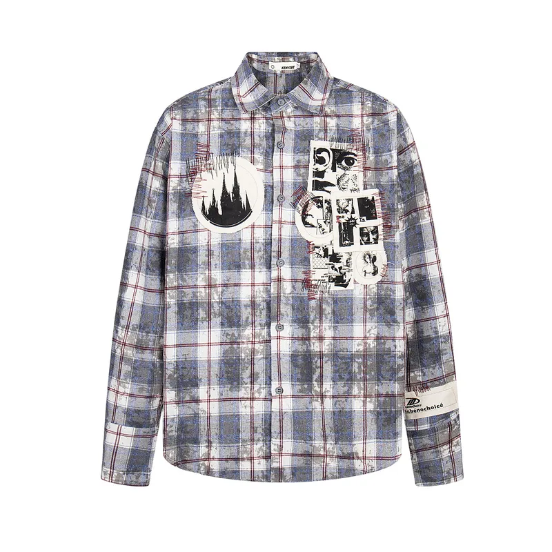 Jiayiku Men's  Spring American Retro Cleanfit Paid Embroidered Plaid Shirt Antique Style Shirt