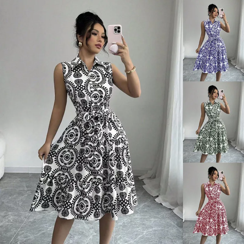 Wholesale Women's Elegant Streetwear Printing Casual Holiday Daily Turndown Sleeveless Sheath Dress