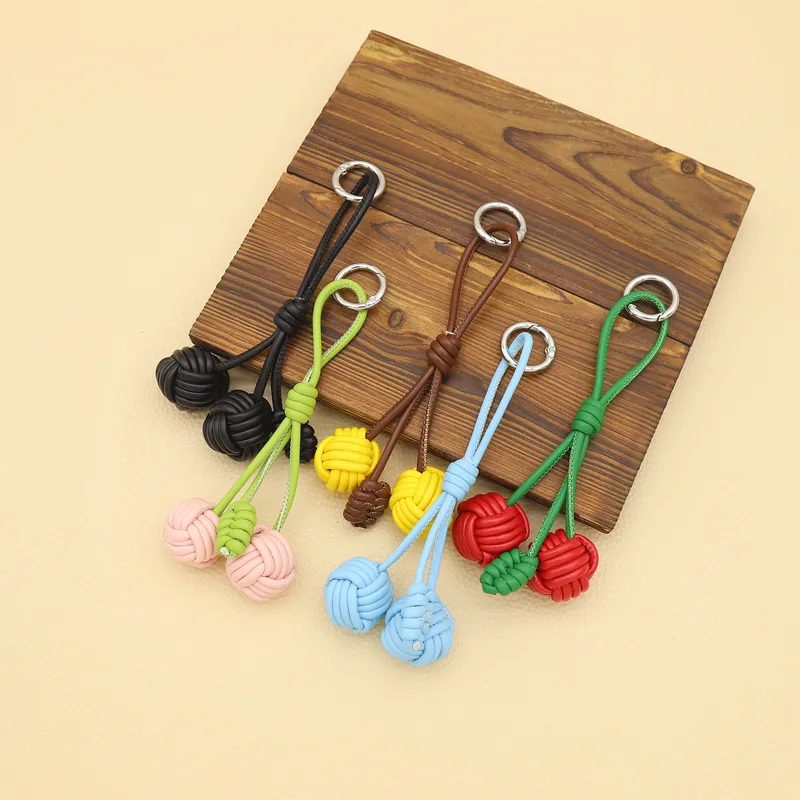 Handmade DIY Contrast Color Miu Series Woven Cherry Pu Leather Double Spherical Bag Hanging Hanging Piece Pendant Key Chain Accessories