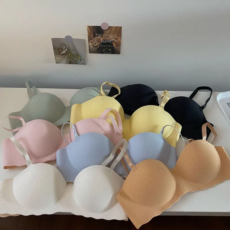 New And New Style Foreign Trade Thin Cocktail Underwear Women's Small Chest Gathered Striped Half Cup Non-Steel Rings Breast Bra