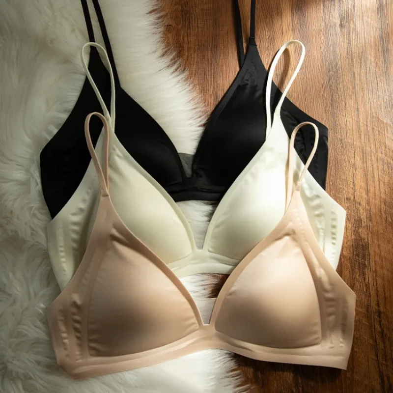 CynL Milk Satin French Style Deep V-neck Underwear Women's Summer Thin Shoulder Strap Non-marking Triangle Cup Small Chest Non-rimless Thin Bra