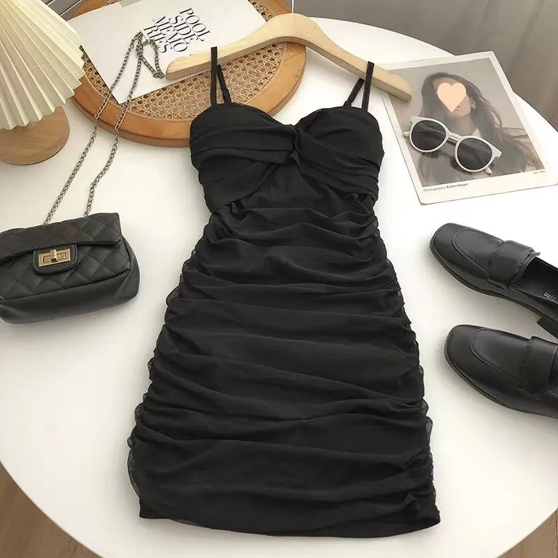 Slight Chubby Kink Cross-pleated Belt Chest Pad Dress Women's Summer New Sexy Hot Girl Hip Short Skirt