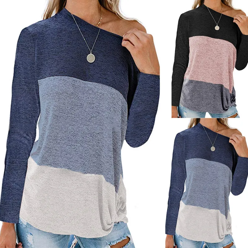 New Women's Casual Bat Sleeve Round Neck Loose Color-matching Kink Top T-shirt