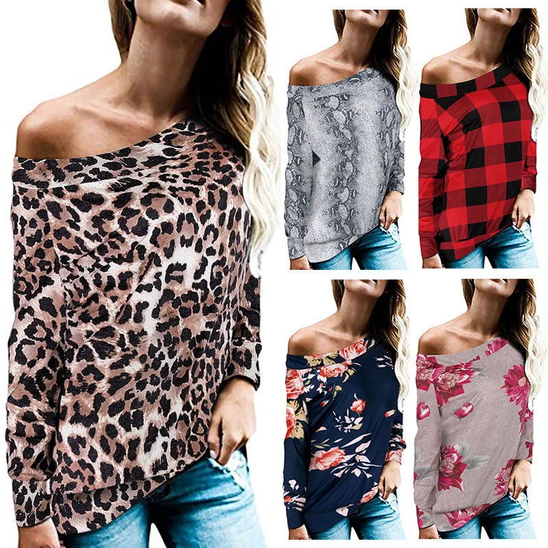 Autumn And Winter New Printed Long-sleeved Shoulder T-shirt Leopard Snake Plaid Cross Shoulder Top
