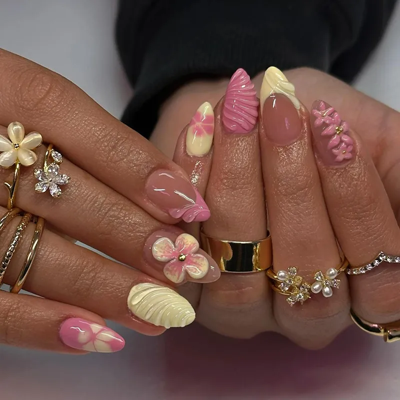 Three-Dimensional Summer Pure Desire Gradient Ice Flower White Temperament Wild  Ins Style Detachable Nail Sticker 24 Pieces