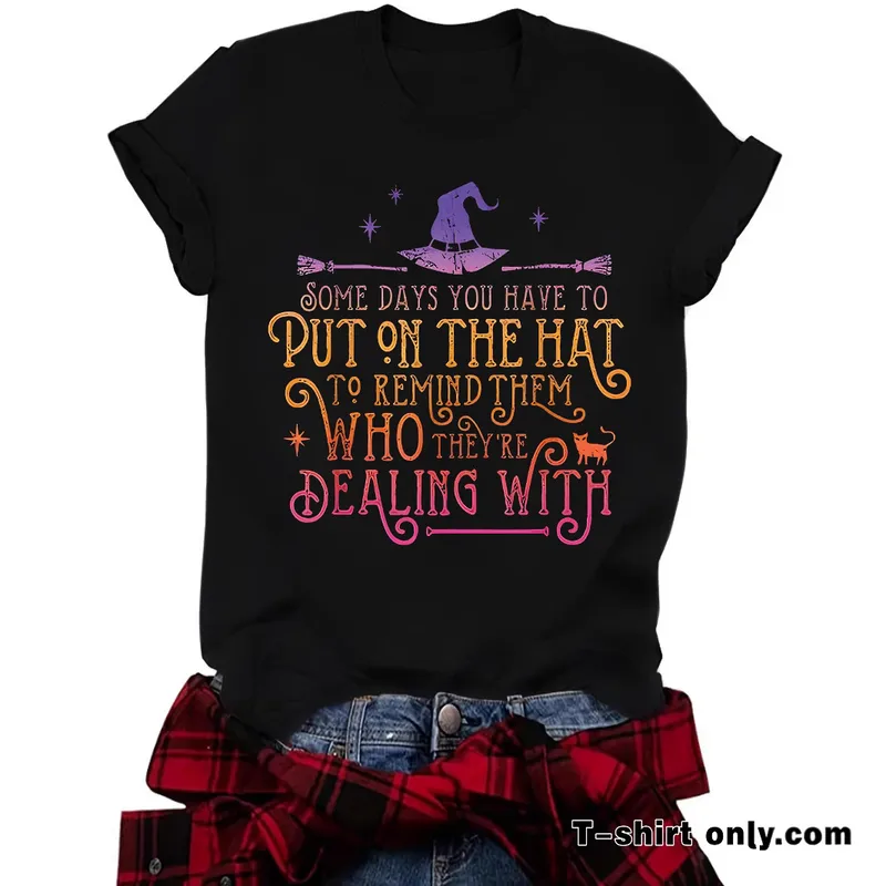 Fashionable Short Sleeve Halloween T-Shirt Women's Cute Print Witch Top Street Style Round Neck Cotton Polyester Blend