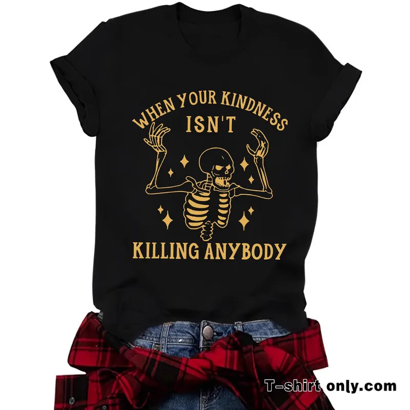 Fashionable Short Sleeve Skeleton Halloween Pattern Summer European Women's T-shirt Top Round Neck Cotton Polyester Blend