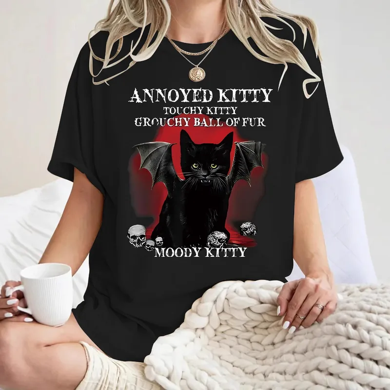 Fashionable Short Sleeve T-Shirt Women's Halloween Horror Devil Cat Summer Top Street Style Round Neck Print Cotton Polyester