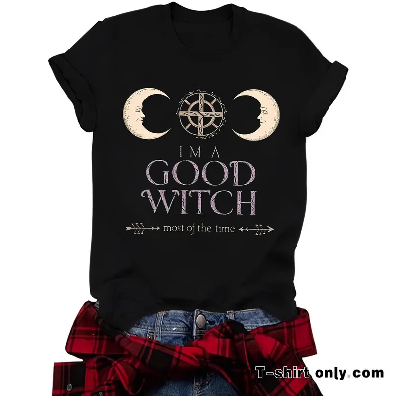 Loose Summer Short Sleeve Women's T-shirt Halloween Print Witch Astral Projection Illustration Fashionable Casual Round Neck