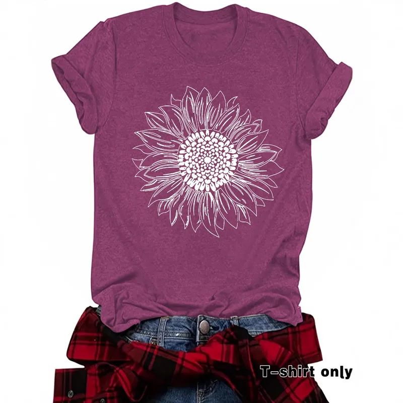 Loose Casual Short Sleeve Round Neck T-Shirt Women's Fashionable Daisy Print Cotton Polyester Blend Street Style Top