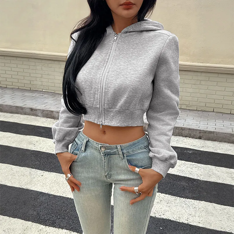 Grey Hoodie Jacket Short Casual Style Women's Fashionable Trendy Zipper Closure Long Sleeve Loose Fit Pure Color Sweatshirt