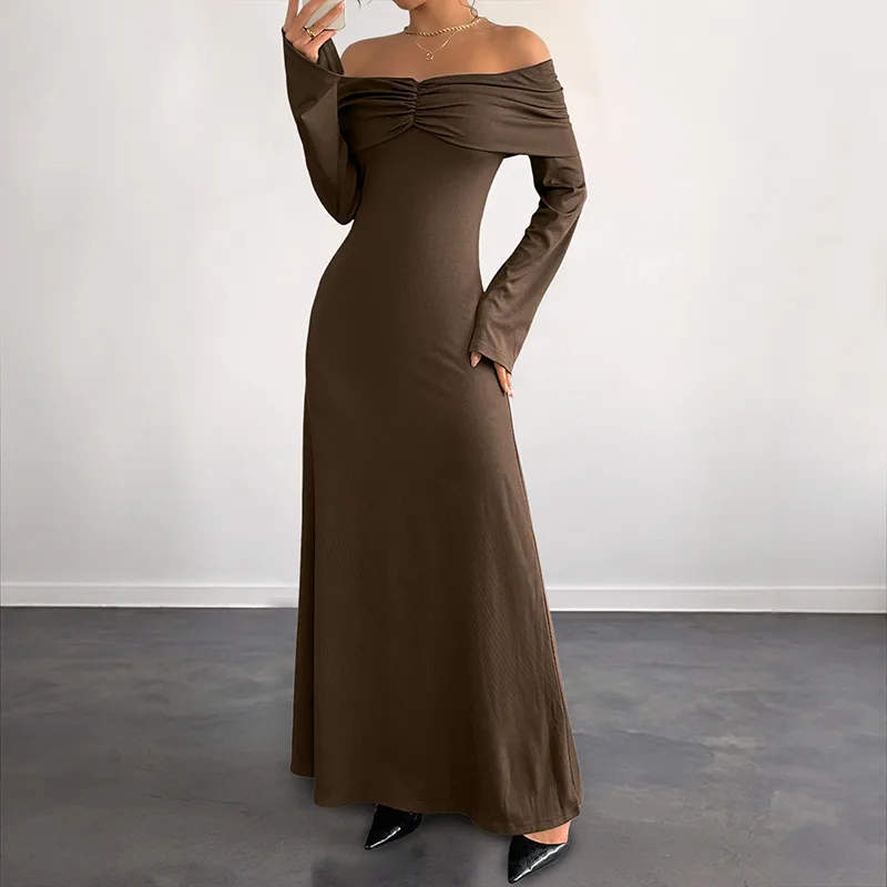 Elegant Brown One-Shoulder Slim Fit Long Dress Women Autumn New Style High Waist Ankle-Length Simple Design Polyester Knitted