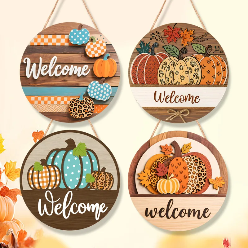 Thanksgiving Wooden Home Decoration Door Plate Round Plate Halloween Wooden Pumpkin Home Wall Decoration Pendant