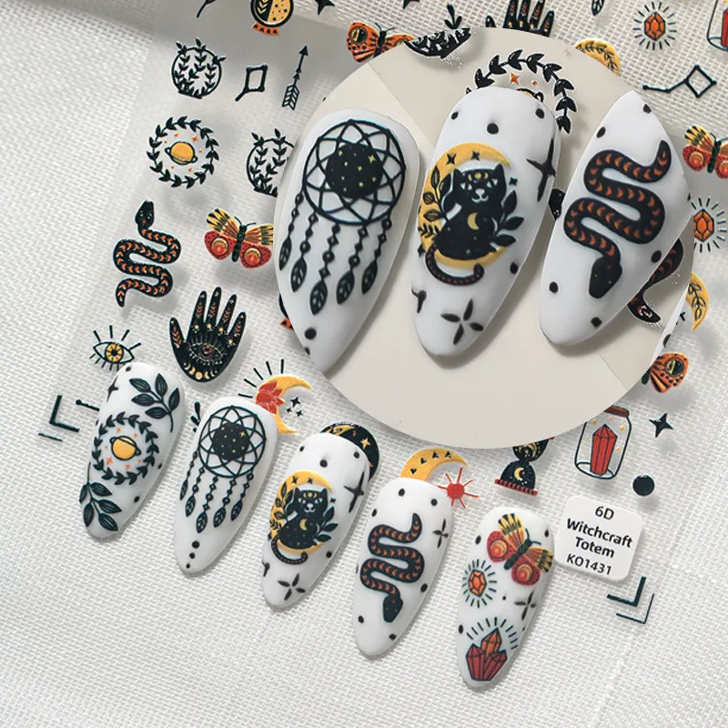 Gothic Style Nail Art Stickers Black Cat Dream Catcher Eye Hand Arrow Sandglass Crystal Design Personalized Artistic Manicure Effects