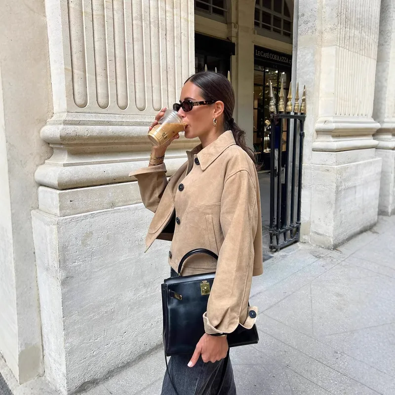 Fashionable Short Leather Jacket Women's Elegant Style With Big Pockets Polyester Fabric Long Sleeve Pure Color Outerwear