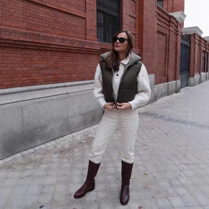Double-Sided Cotton Vest Autumn Winter Hit  Style Street Fashion Short Sleeve Stand Collar Zipper Closure Women's Cotton Vest