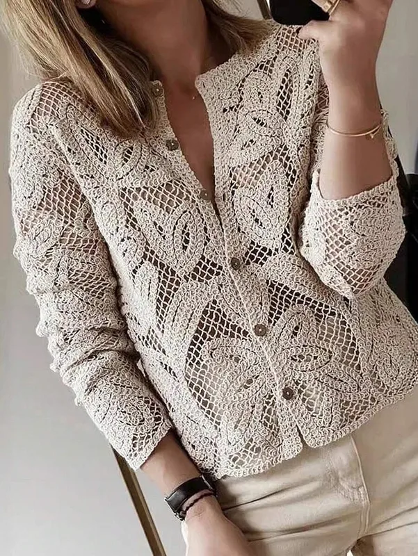 Heavy Knitted Long Sleeve Open Cardigan Hollow Design Casual Style Pure Color Polyester Fabric Spring Summer Autumn Women's Top