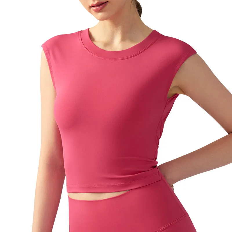 Spring Summer Yoga Short Sleeve Women's Fixed Chest Pad Sexy Backless Short Sport T-Shirt Waist Shaping Slimming Fitness Vest