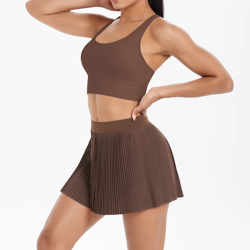 Cross Back Mini Skirt Set Running Fitness Training Yoga Clothes Pure Color Brushed Tight Two Piece Set For Sports And Fitness