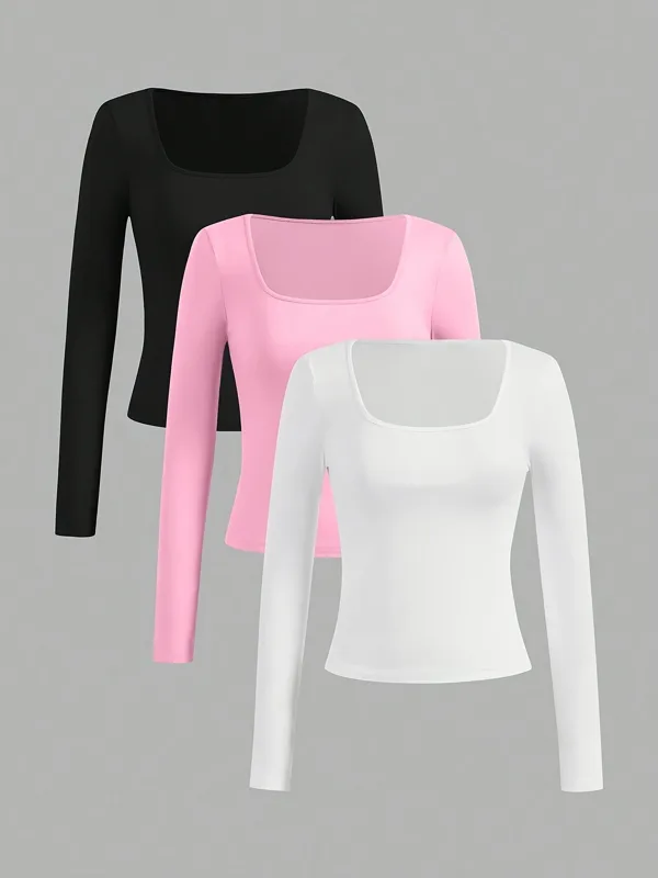 Comfortable Long Sleeve Solid Color Collar T-Shirt Women's Fashion Essential Classic Design Versatile Casual Wear Polyester Fabric