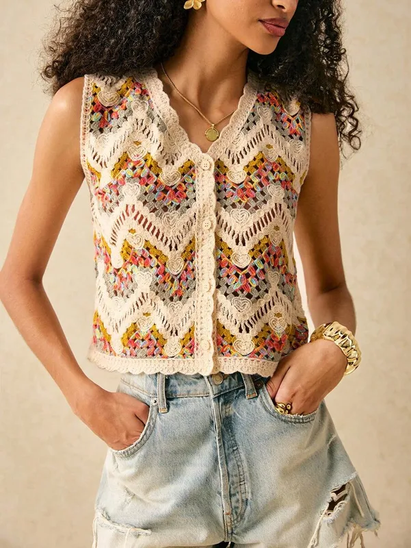 Casual Style Hollow Out Vest Women's Short Length V-Neck Polyester Fabric Summer Spring Autumn Ladies Tank Top Tight Fit