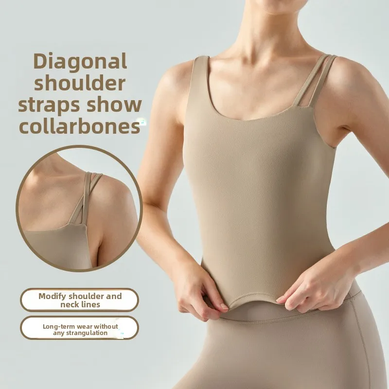 Women's Long Slim Fit Yoga Vest Fitness Clothing Pure Color Back Exposing Design Half Fixed Waterdrop Cup Design
