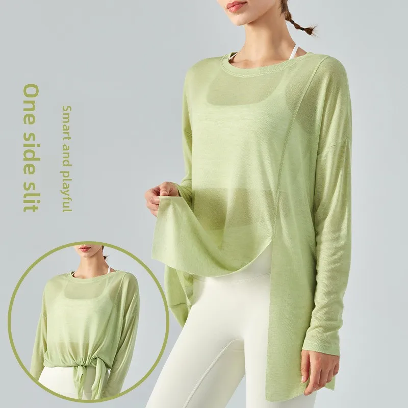 Lightweight Long Sleeve Yoga Cover Up Top For Women Running Fitness Loose Fit Sportswear Summer Thin Single Side Slit Design