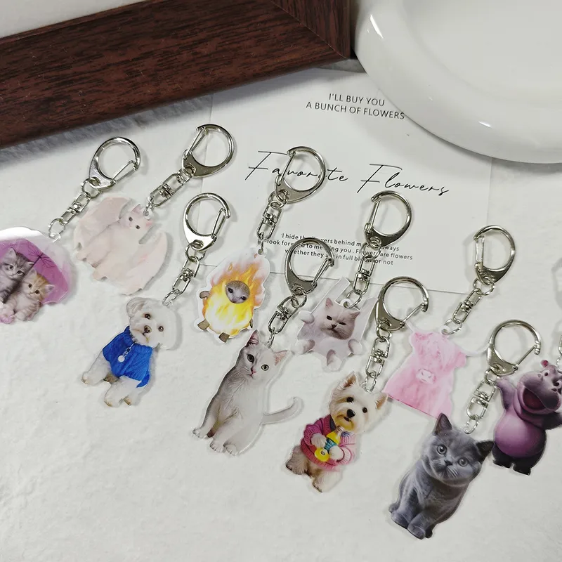 Adorable Double-Sided Printed Acrylic Cat Dog Keychain Pendant Fashionable Animal Style Accessory Suitable For Daily Use
