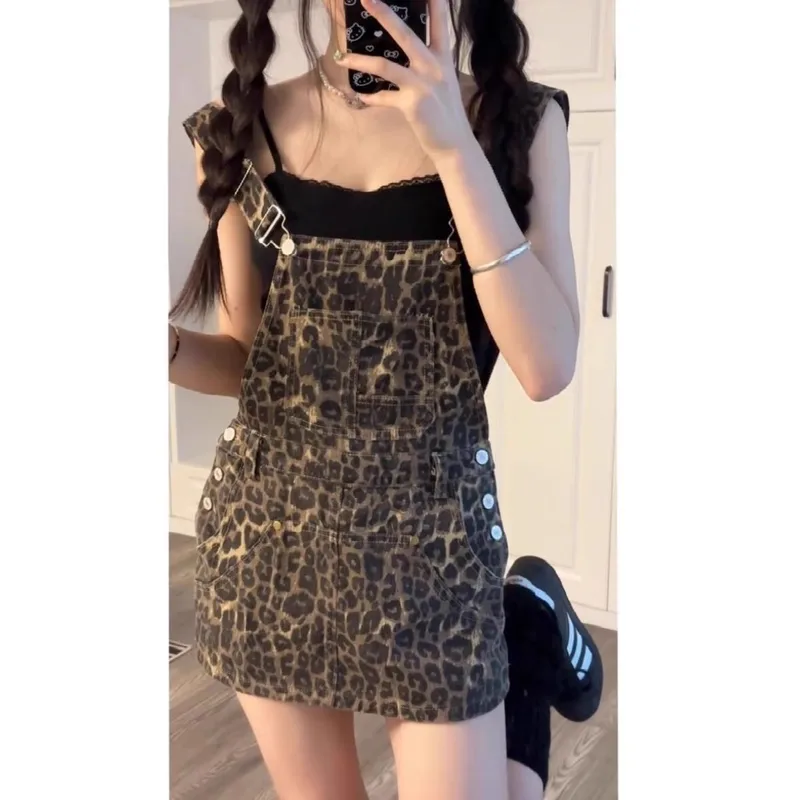 Retro American Washed Leopard Print Denim Overalls Women's Shorts High Waist Spring Summer New Style Slim Fit Cute Holiday Style