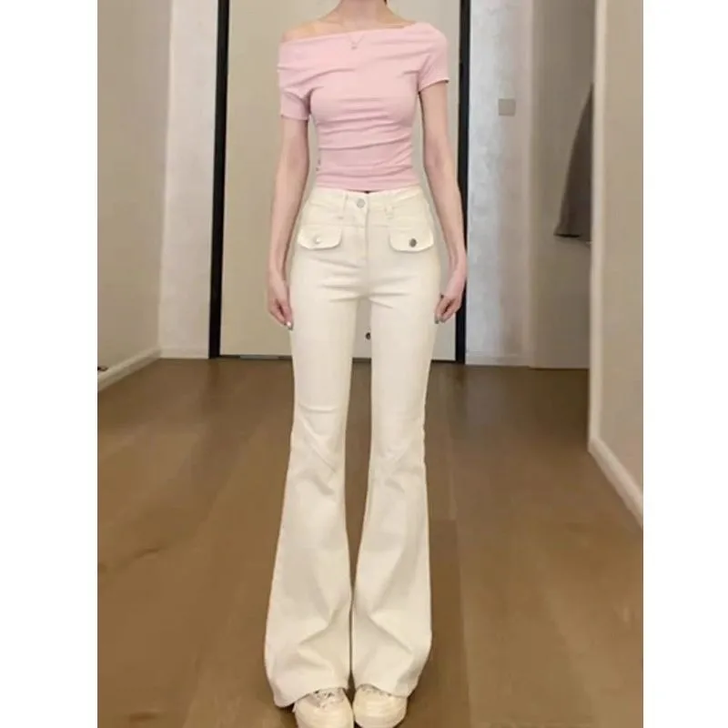 White High Waist Slim Fit Straight Leg Pants Casual Cotton Polyester Blend Women's Jeans Long Trousers Travel Interview Suitable