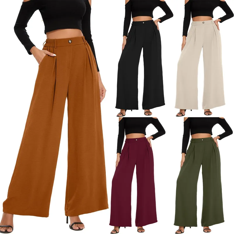 Elastic Waist High Waist Casual Straight-Leg Wide Leg Pants