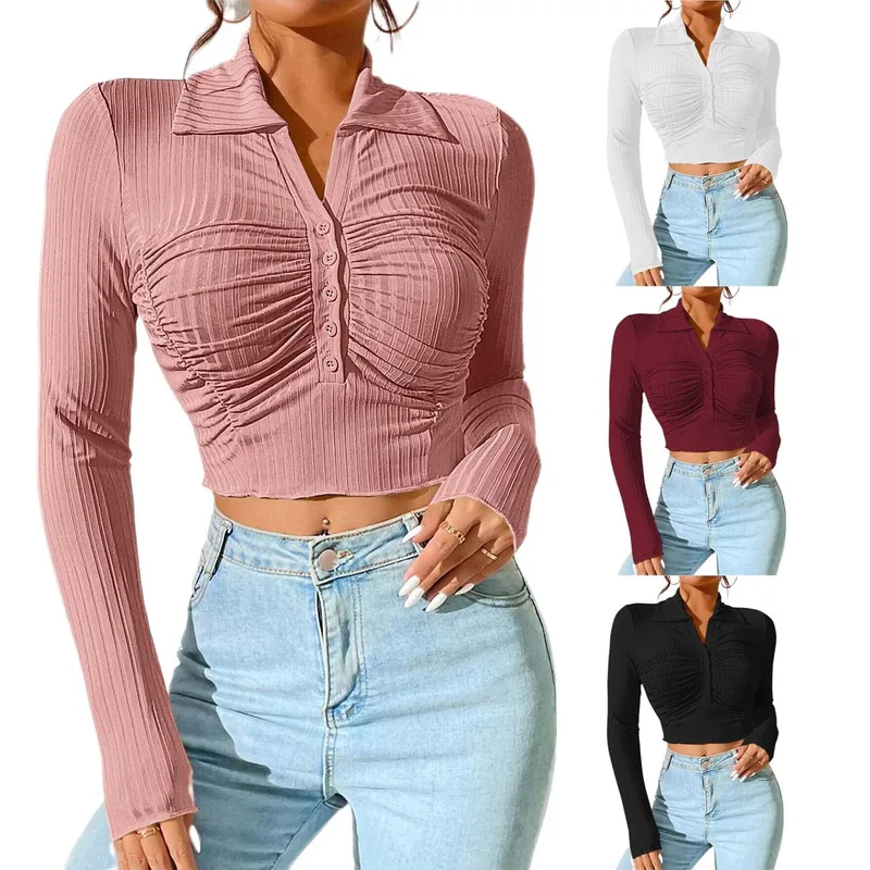 Long Sleeve Top Women's New Sexy Midriff-Baring Slim Lapel Sun Protection Shirt