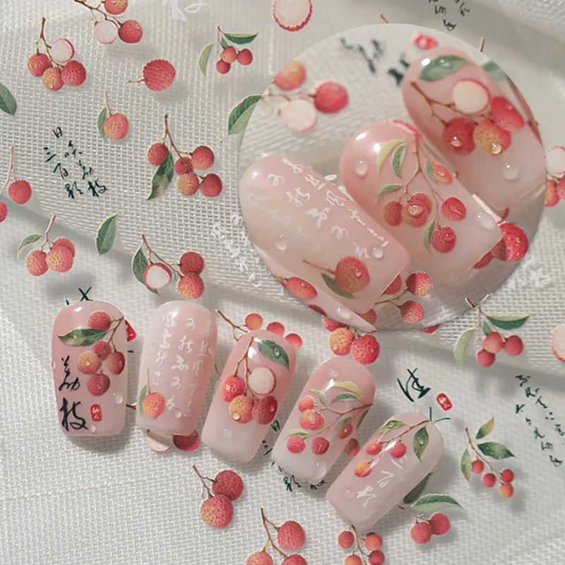 Preservation Style Fruit Design Nail Art Stickers Decorative Leaf Pattern Lychee Cute Pink Font Colorful Nail Stickers One Sheet