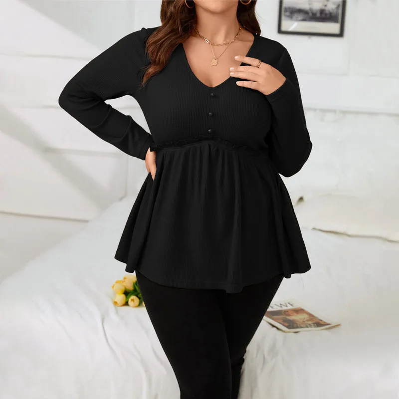 International Station Plus Size Women's V-neck Long-Sleeved T-shirt Autumn And Winter Elegant Fashionable All-Match Slim Top For Women