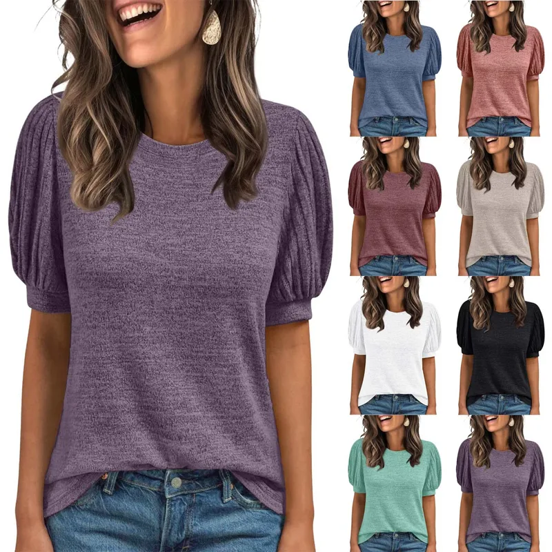 Foreign Trade    Solid Color Casual Top Round Neck Short Sleeve T-shirt Women's Clothing