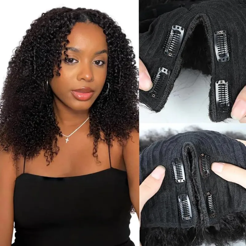 Wig Real Human Hair Natural Color V-Shaped Glueless Wig With Elastic Drawstring Small Curling Iron Set Human Wig