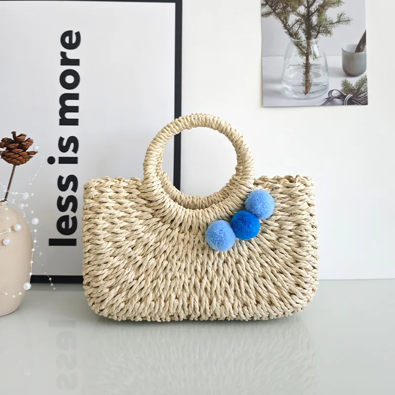 Summer Handmade Straw Bag Fresh Colorful Ball Paper String Woven Casual Beach Small Handbag In Stock Wholesale