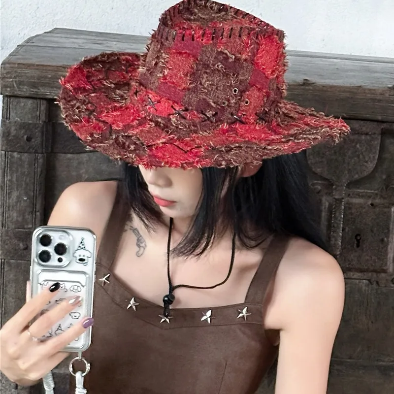 Sweet Cool Western Cowboy Hat For Women Spring Autumn Vintage Furry Knight Hat Outdoor Camping Holiday Sunshade Jazz Style