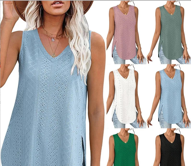 Casual V-neck Sleeveless Hollow T-shirt Women's Summer Spring New Hollow Lace Trim T-shirt Loose Design Commuter Style