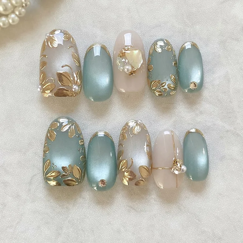 925 Sterling Silver Plated 3D Cat's Eye Pearl Fragments Diamond Fragments Ins Style Removable Wearable Nail Art 24 Pieces