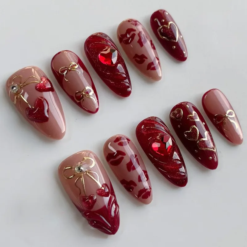 3D Cat Eye Heart-Shaped Cherry Hollow Bow French Style Removable Wearable Fake Nails Glue 30 Pieces Suit