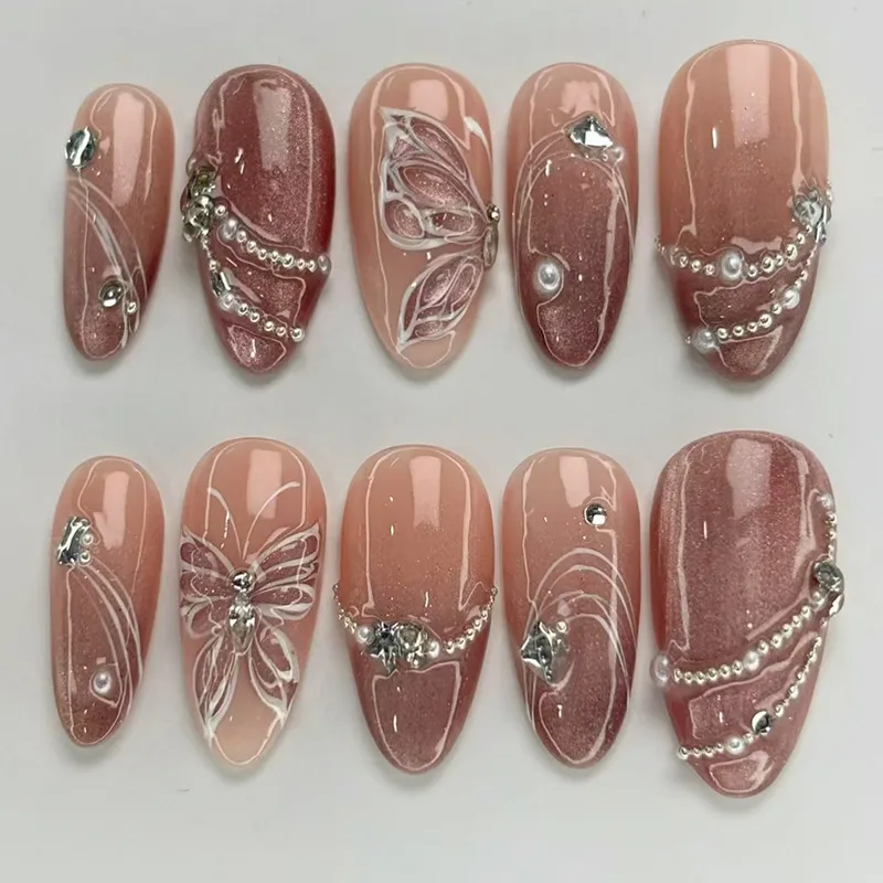 30 PCs Removable Shiny Pearl Gradient Butterfly Line Cat Eye Wearable Nail Tip Shiny Sweet Style Nail Art