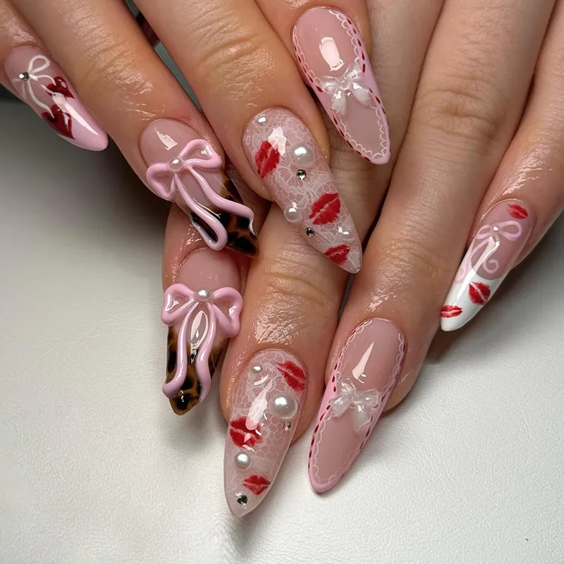 3D Detachable Bowknot Glitter Diamond Pearl Leopard Print Sexy Girl Nail Art Pieces Wearable Fake Nails 24 PCs Set