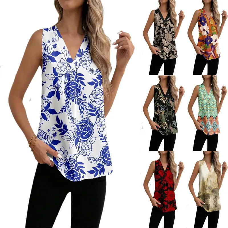 Summer New Fashion Sleeveless Floral Print Casual V-neck T-shirt Vest Women's Clothing European Style Comfortable Commuter Style