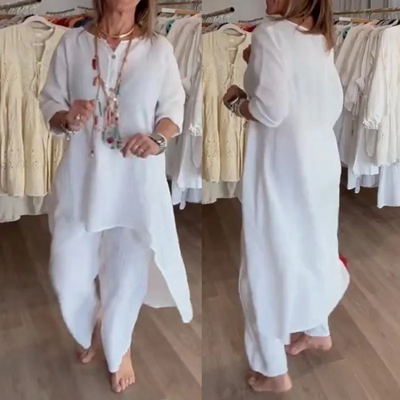 Fashionable Cotton Linen Long Top Wide Leg Pants Two Piece Set For Women Casual Wear Comfortable Breathable Seven Sleeve Length